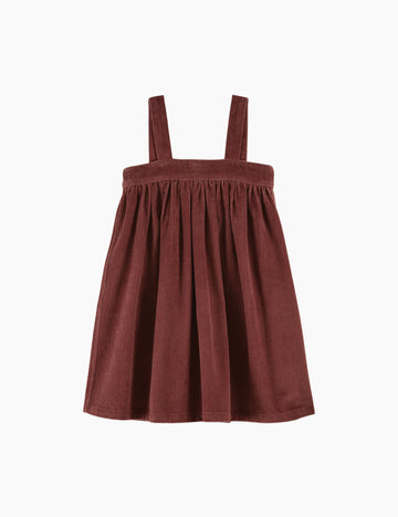 Brown corduroy dress with straps on a white background