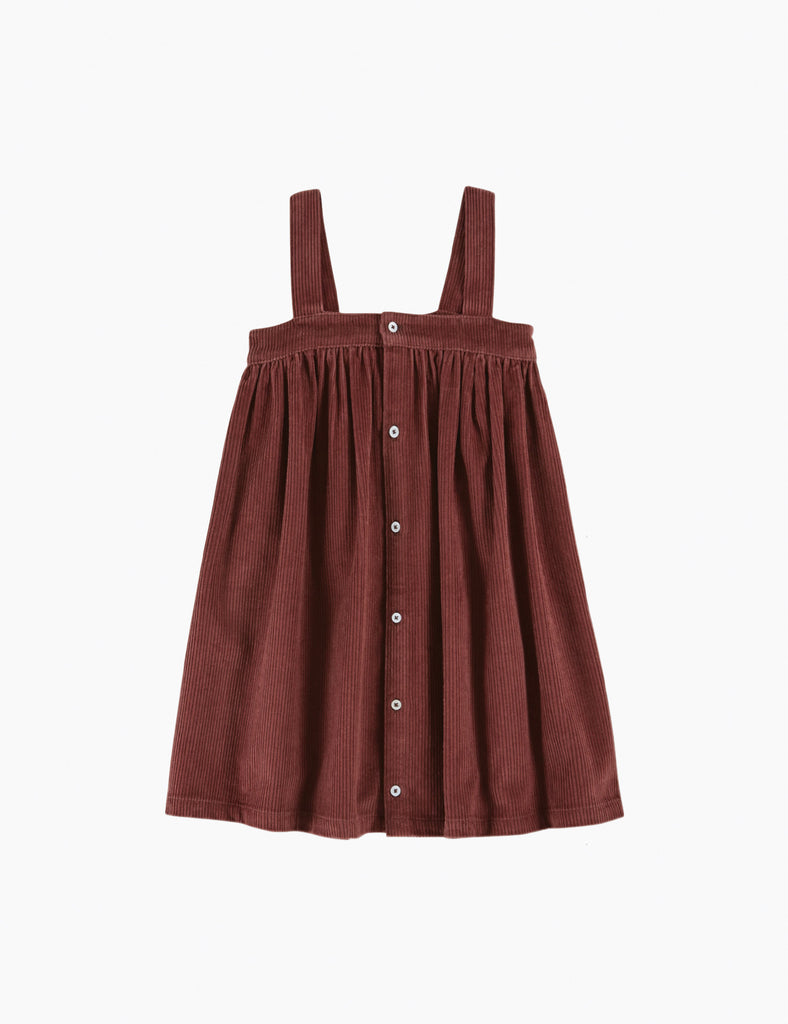 Brown corduroy dress with button details on a white background