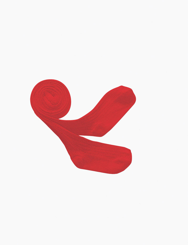 Image of red tights rolled up in a spiral on a white background.