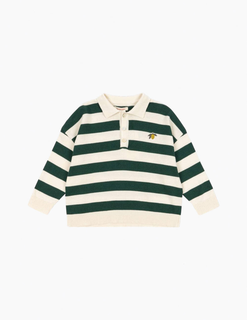 Green and white striped shirt with a small logo on a white background