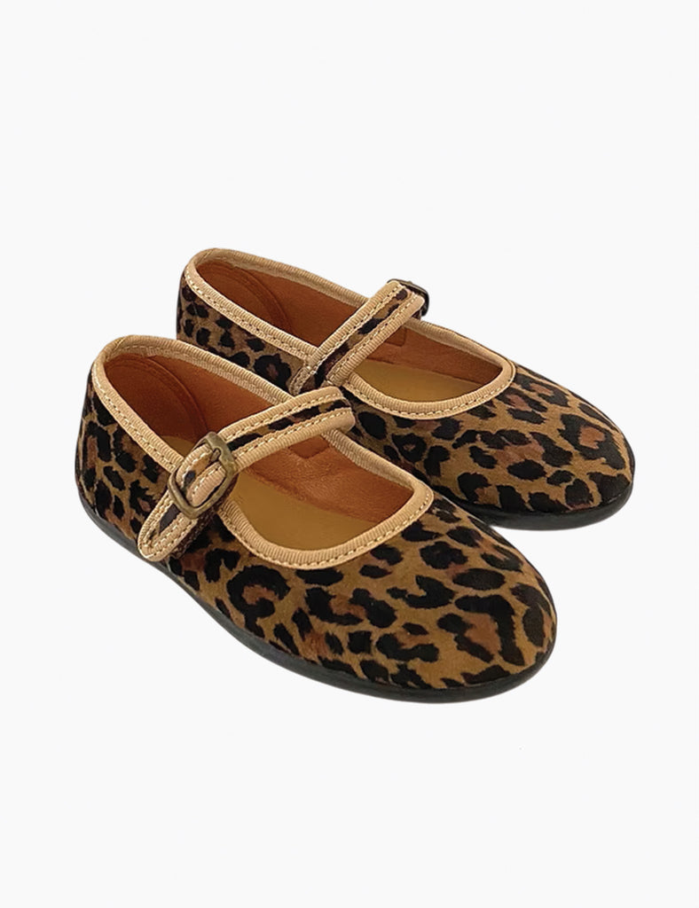 Image of Mary Jane in a leopard colored velvet fabric on a white background.