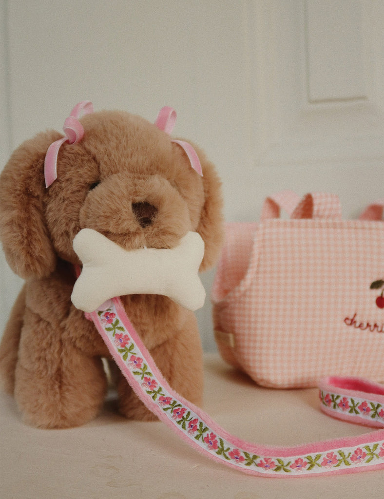Brown dog with a pink bow, bone toy, and floral leash next to a pink bag on a light background