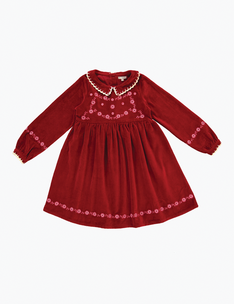Red dress with floral embroidery on a white background