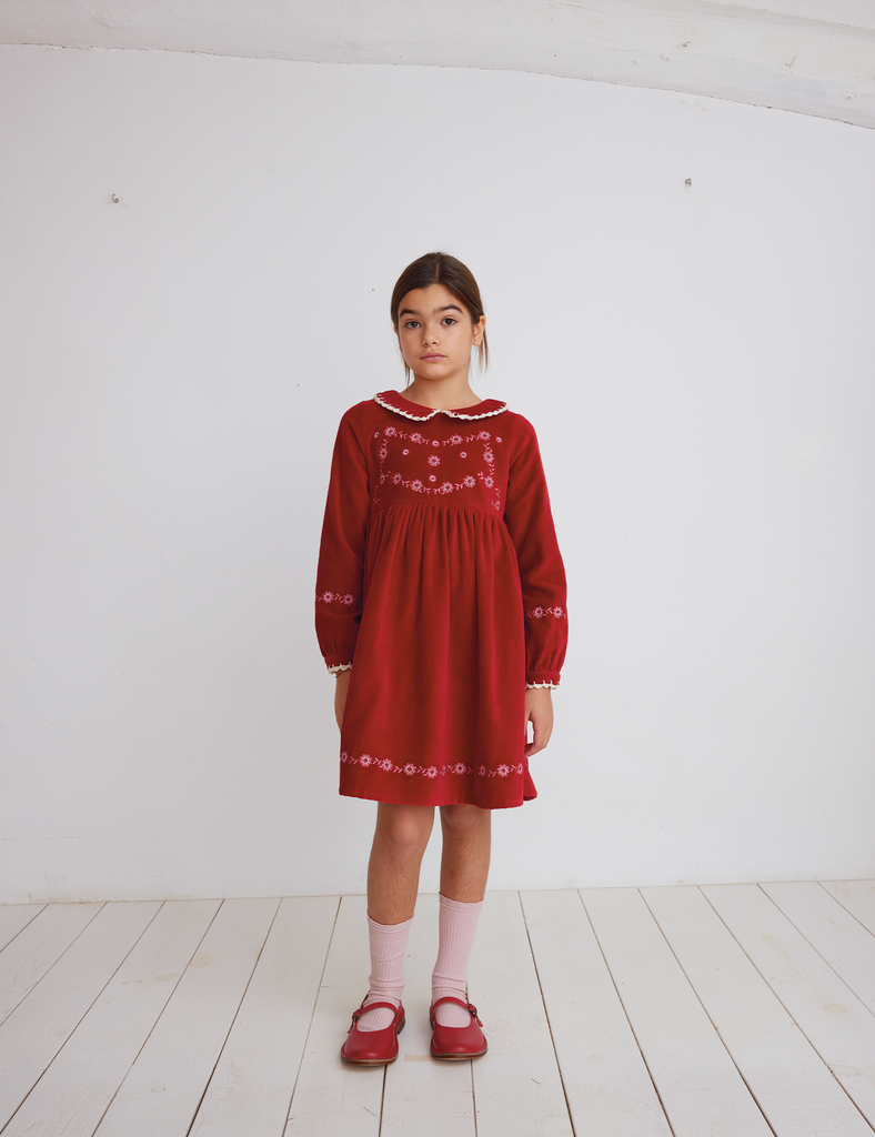 Young girl wearing a red dress with floral embroidery on a white background