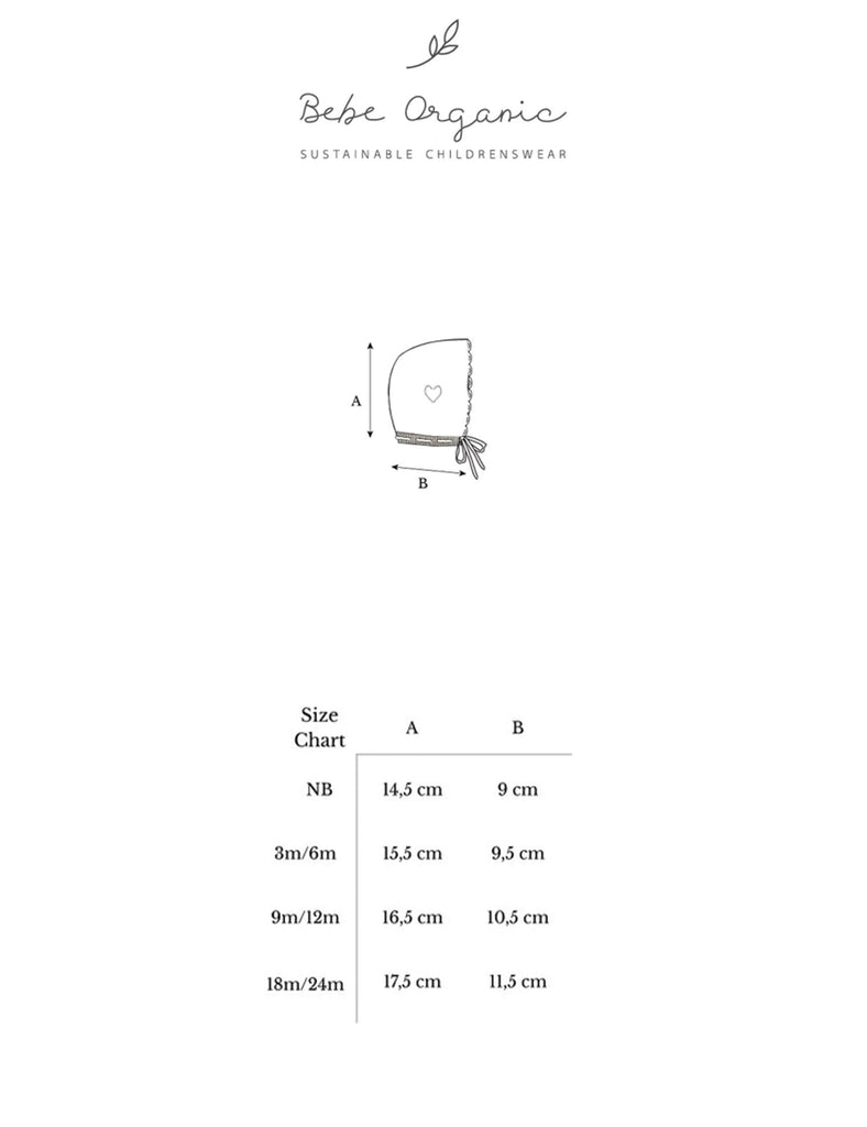 Bebe Organic children's clothing size chart on a white background