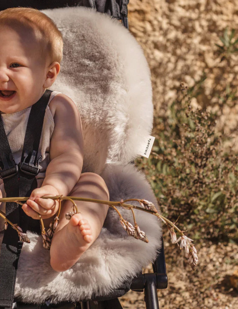 Baby in a stroller with a fluffy cushion, holding a branch outdoors.