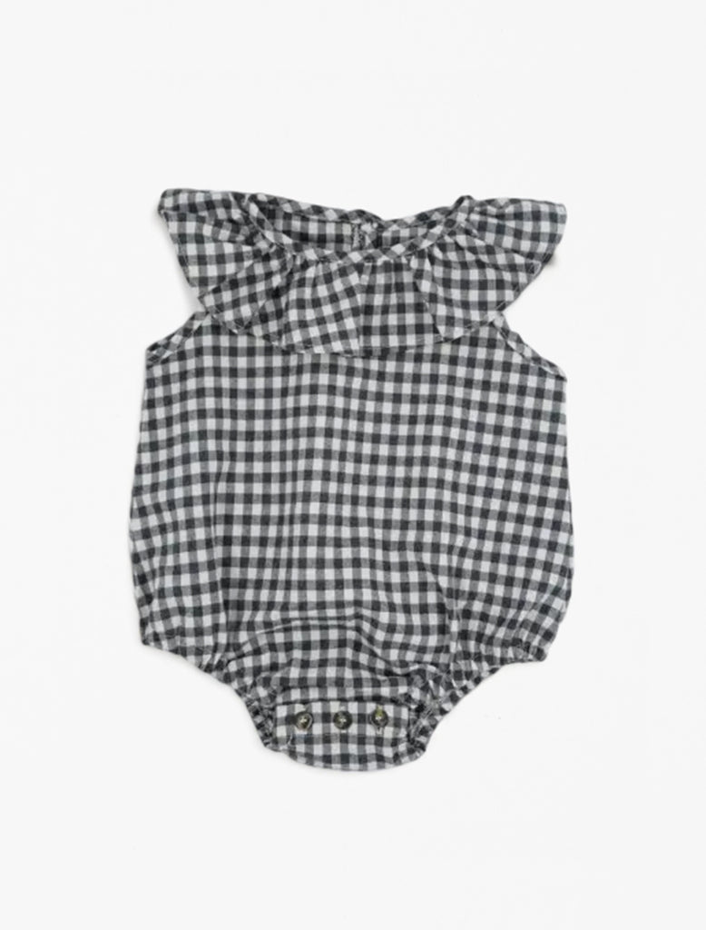 Marthe Romper in Black and White Gingham flat lay image front.