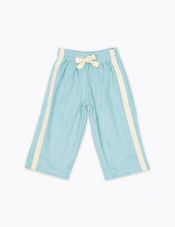Light blue pants with white stripes on a white background