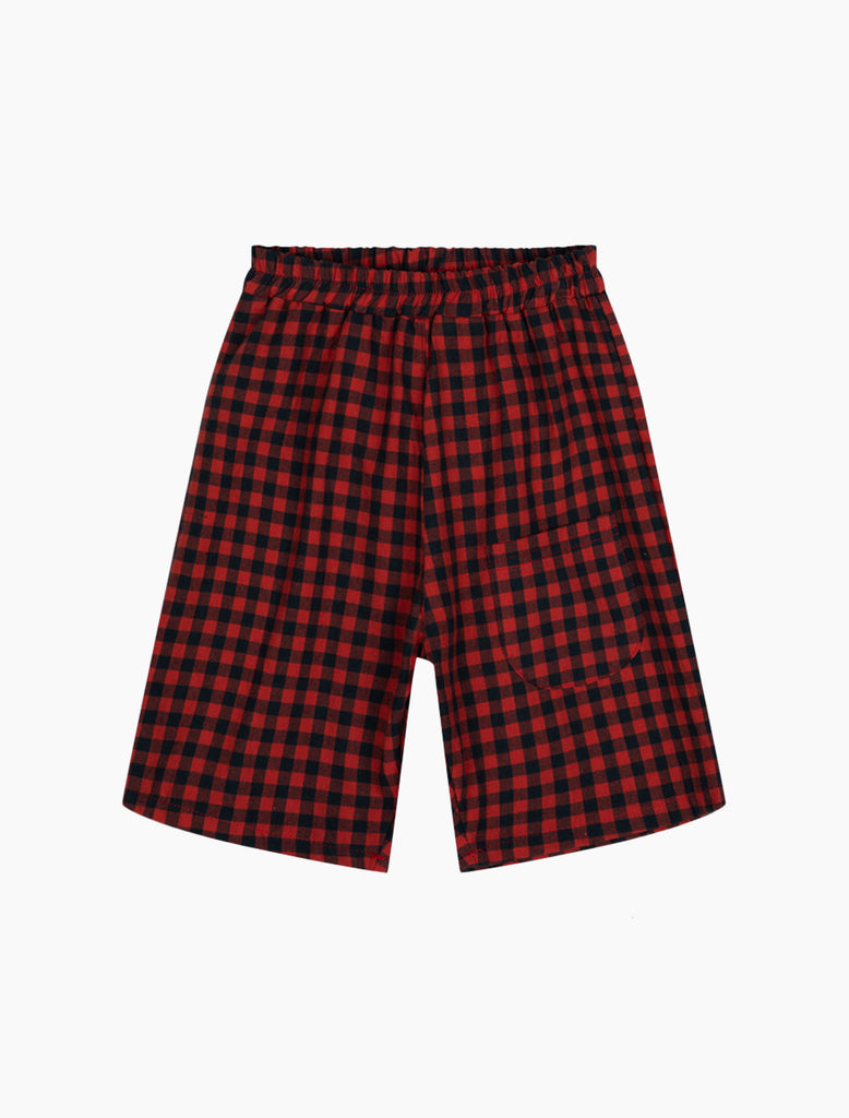 Red and black checkered shorts on a white background