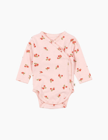 Pink baby bodysuit with floral pattern on a white background