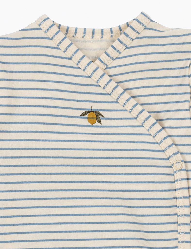 Striped baby outfit with a small logo on a white background