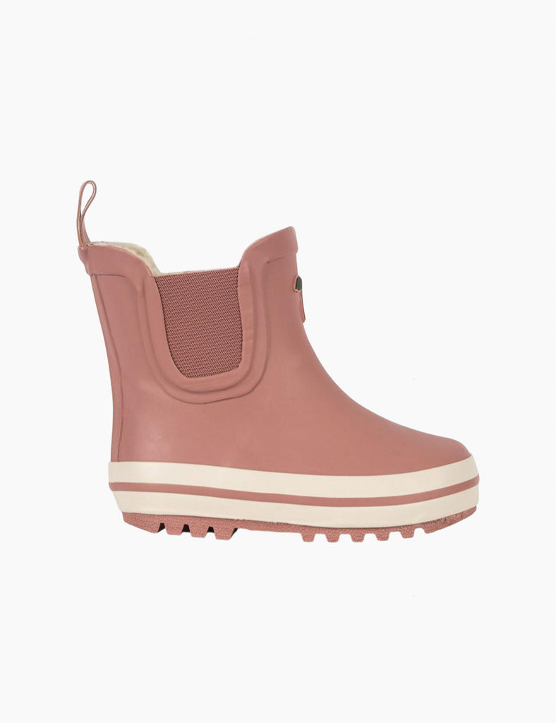 Pink rain boot with white sole on a white background