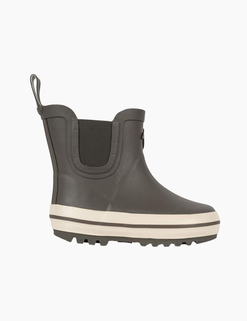 Dark gray rain boot with a white sole on a light gray background