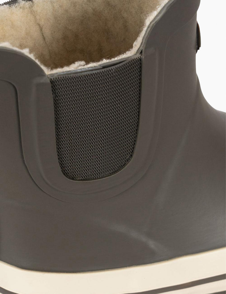 Close-up of a gray boot with a textured sole and white trim on a light background