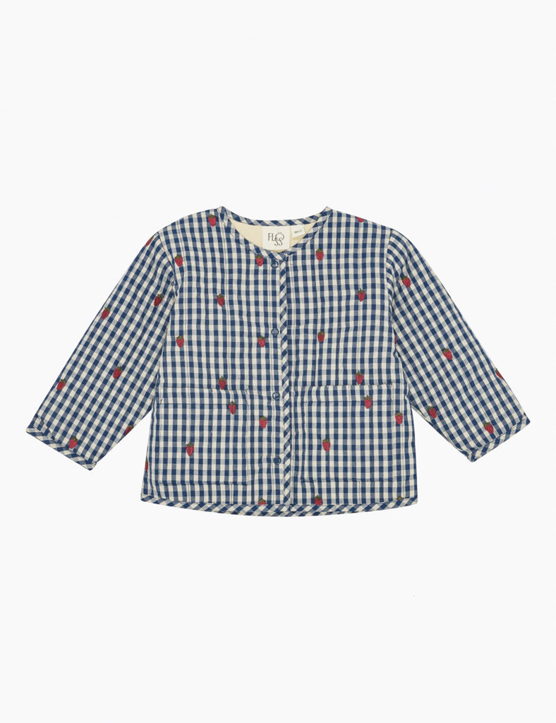 Blue checkered jacket with embroidered strawberries on a white background.
