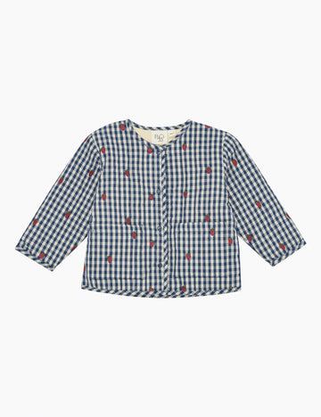 Blue checkered jacket with embroidered strawberries on a white background.