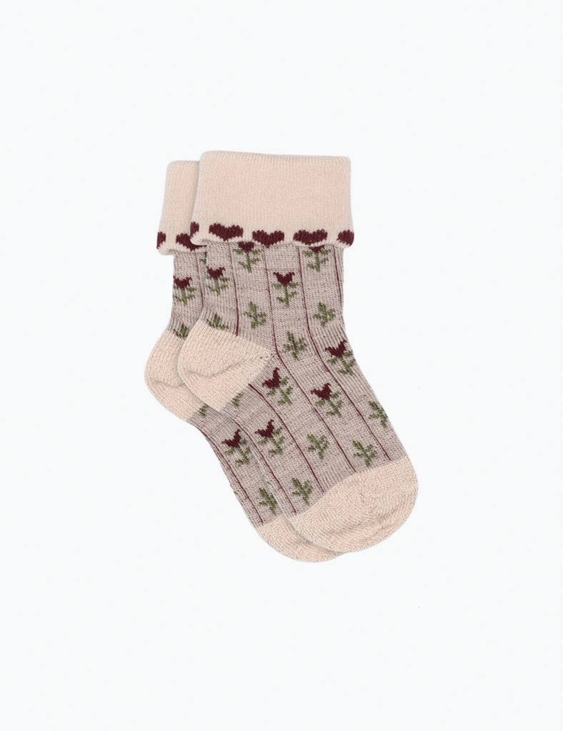 Floral patterned socks with a soft texture on a white background