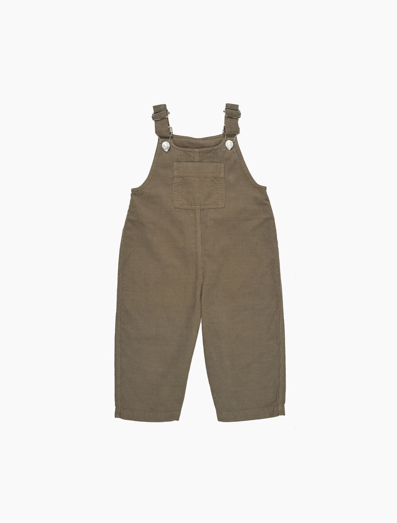 Brown corduroy overalls on a white background