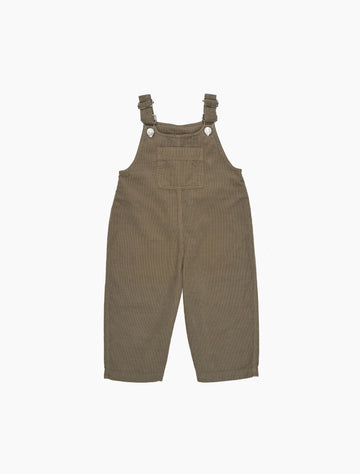 Brown corduroy overalls on a white background
