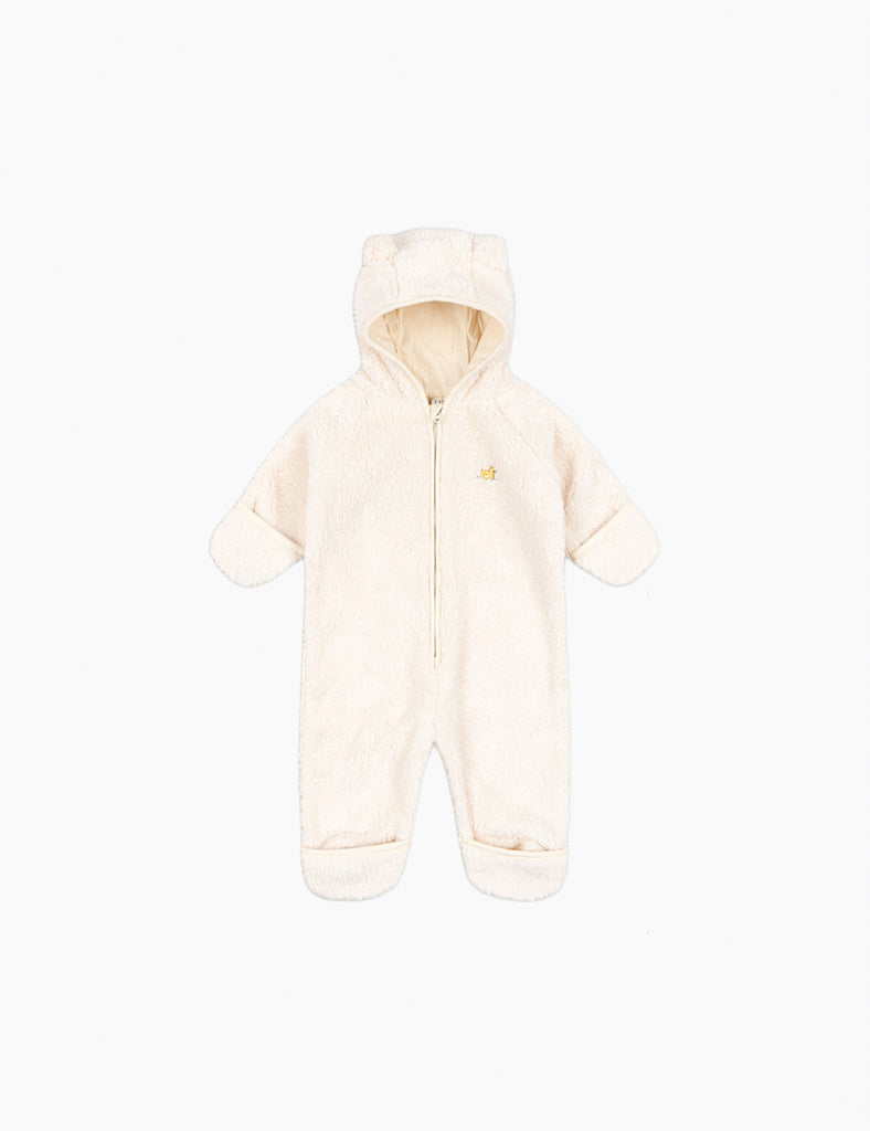 Cream-colored baby snowsuit with a hood on a white background