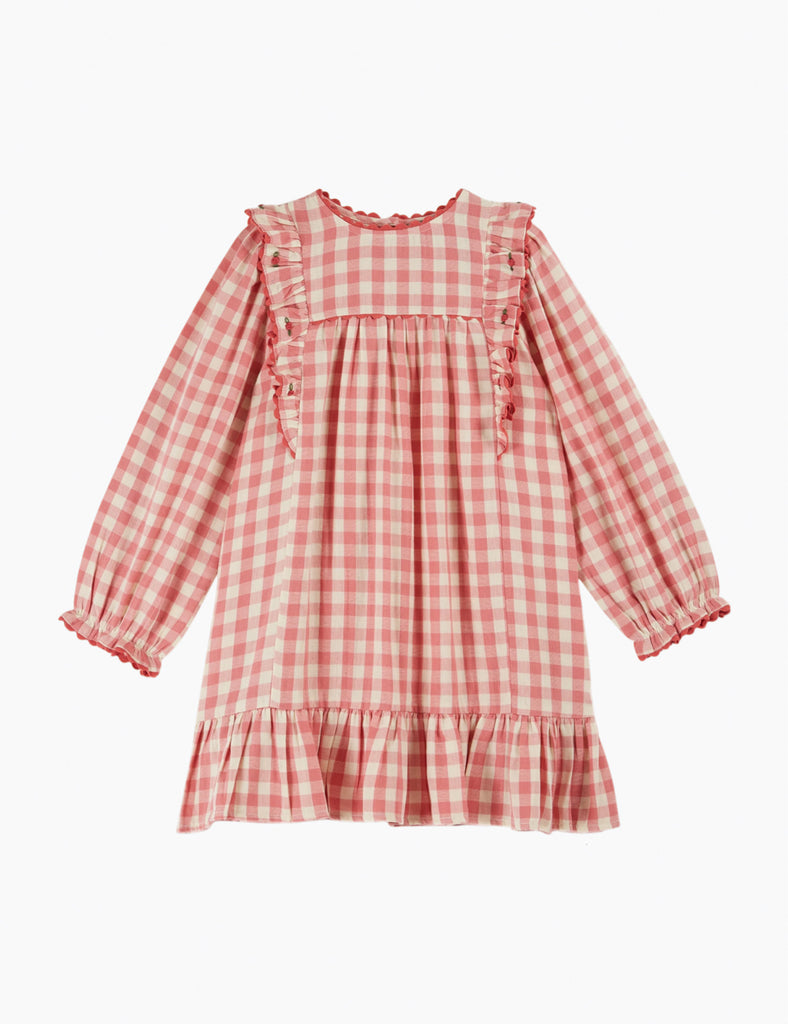 Red and white checkered dress with ruffled sleeves and hem on a white background
