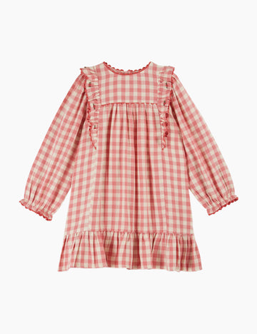 Red and white checkered dress with ruffled sleeves and hem on a white background