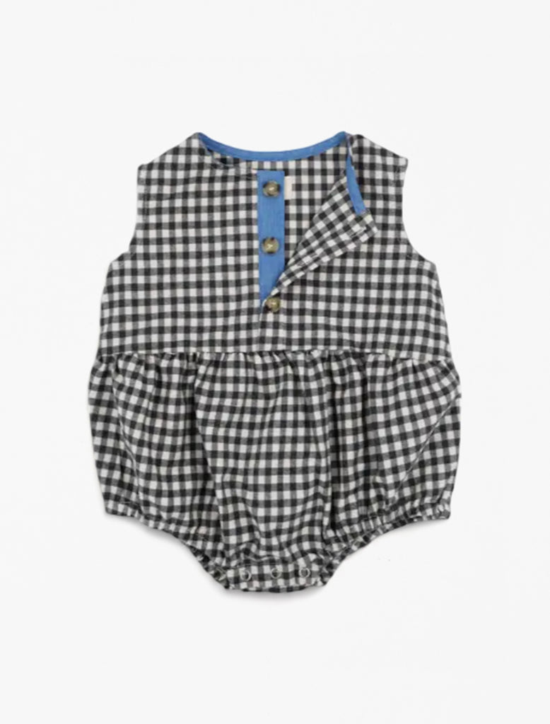 Pio Romper in Black and White Gingham flat lay image front.