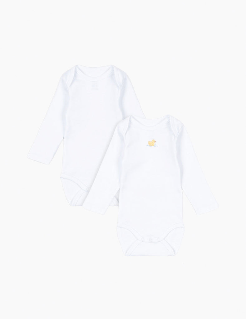 2-Pack baby bodysuits, one is all white and the other is white with a small yellow duck print at the chest on a white background.