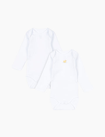 2-Pack baby bodysuits, one is all white and the other is white with a small yellow duck print at the chest on a white background.