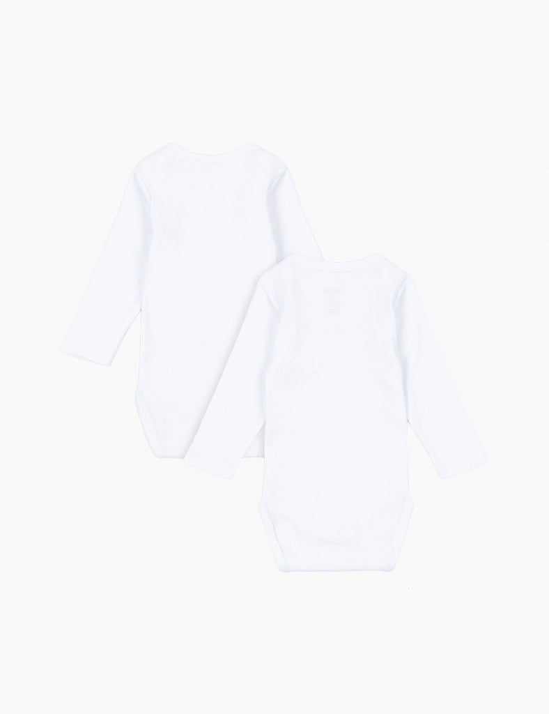 2-Pack baby bodysuits, one is all white and the other is white with a small yellow duck print at the chest on a white background.
