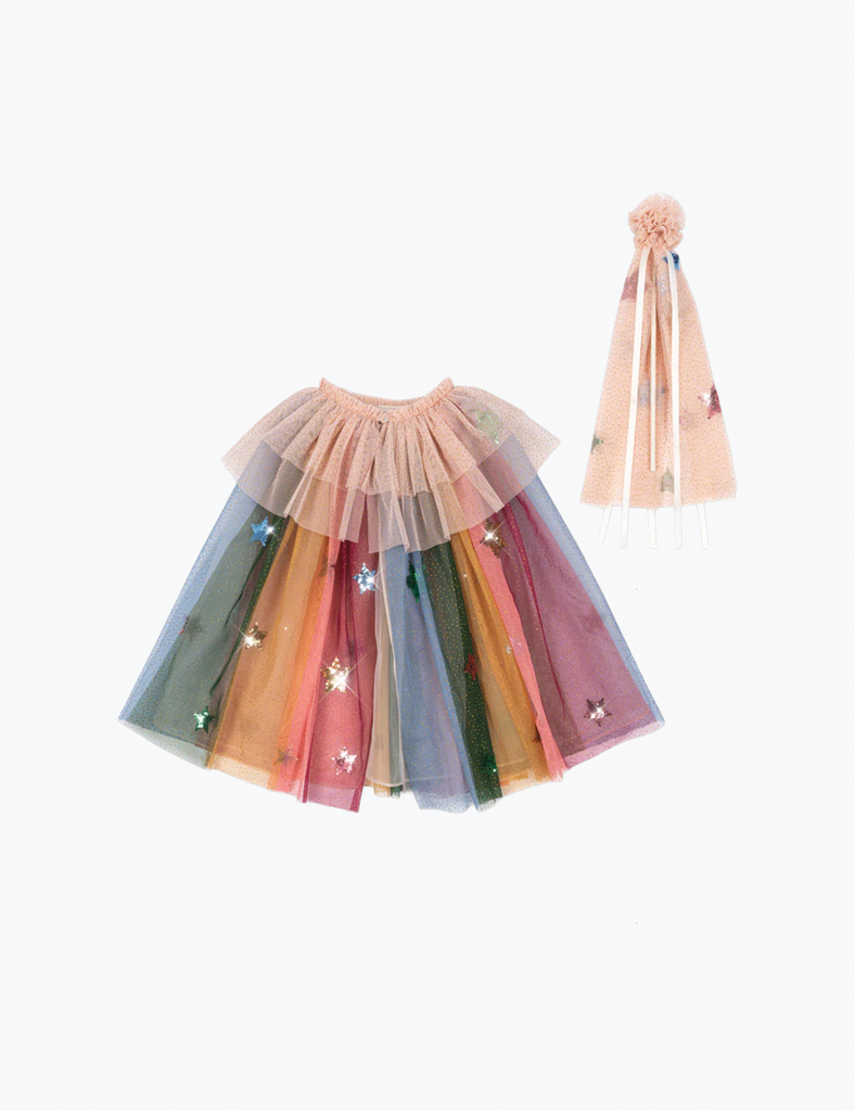 Multicolored tulle cape with star decorations and a matching wand on a white background