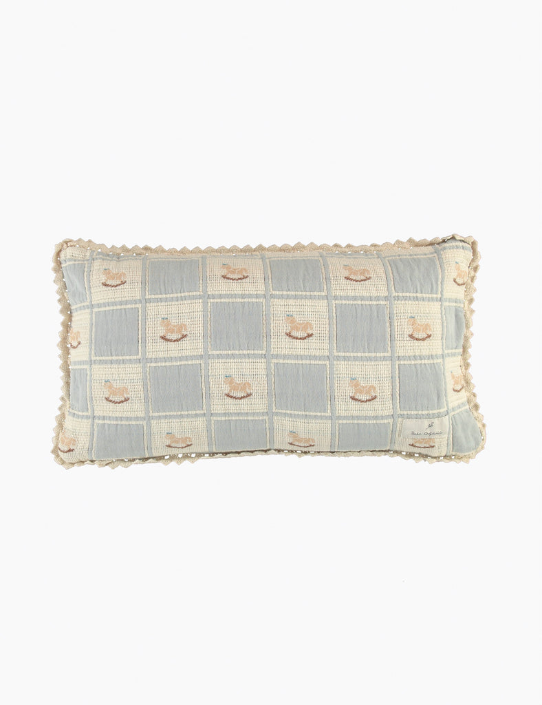Image of a jacquard patchwork rocking horse pilow case cover on a white background.