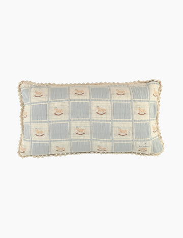 Image of a jacquard patchwork rocking horse pilow case cover on a white background.