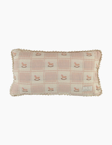 Image of a rocking horse patchwork pillowcase on a white background.