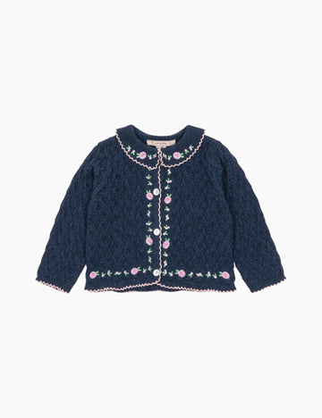 Navy blue knitted cardigan with floral embroidery on a white background