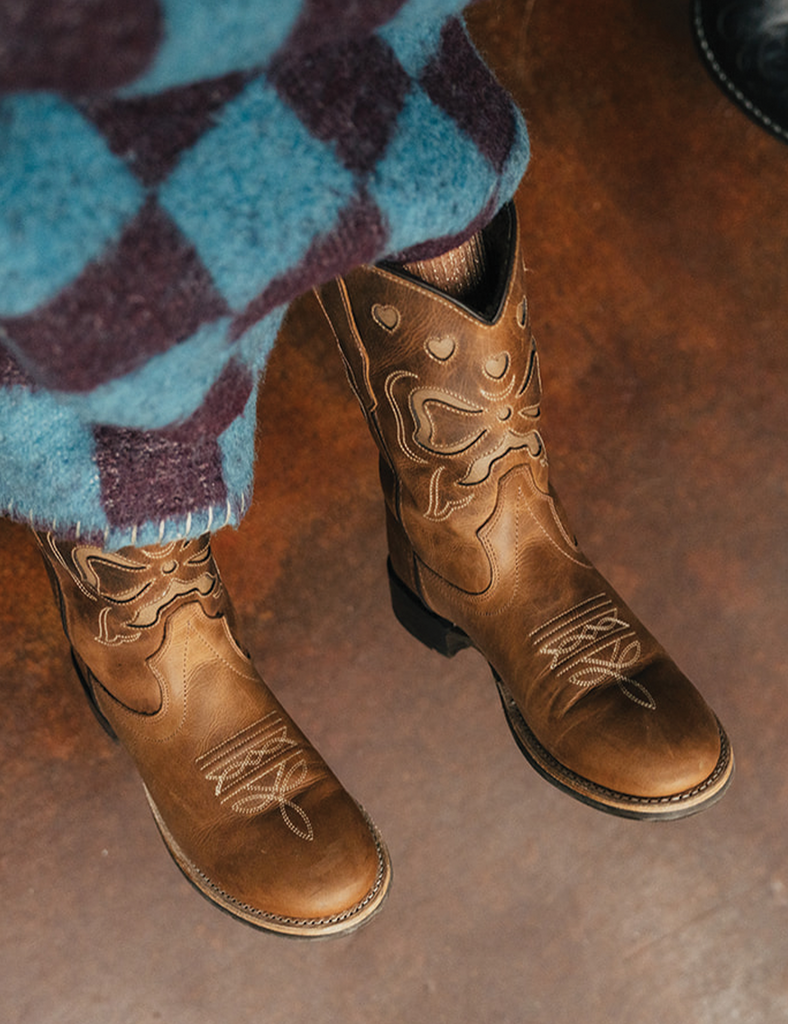 Image of brown leather cowboy boots on a small child.