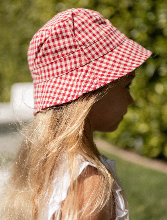 Image of River Bucket Hat in Red Gingham Check.