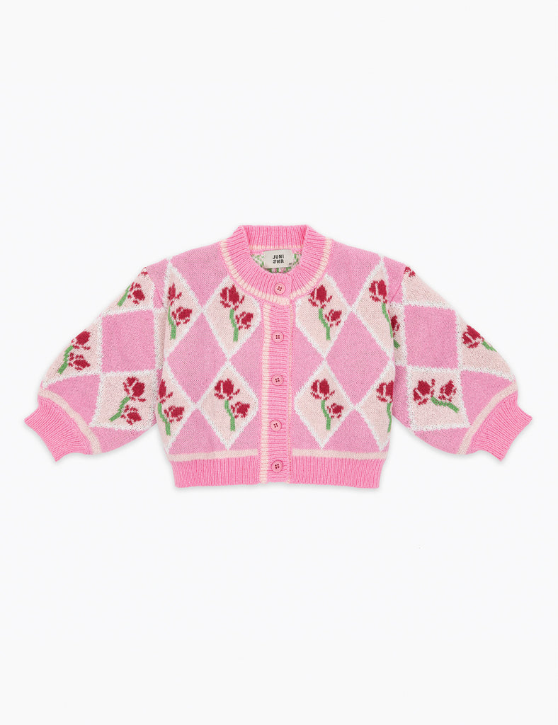Pink children's cardigan with floral pattern on a white background