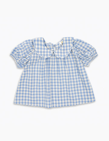 Blue and white checkered blouse with ruffled sleeves on a white background