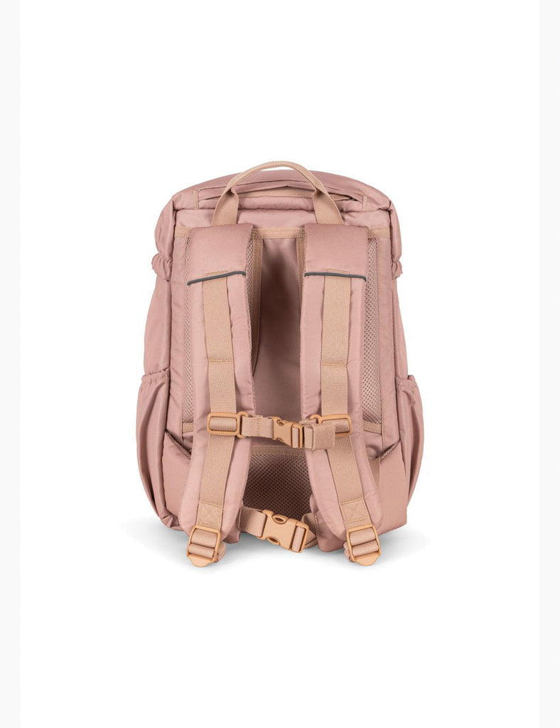 Pink backpack with gold straps on a white background