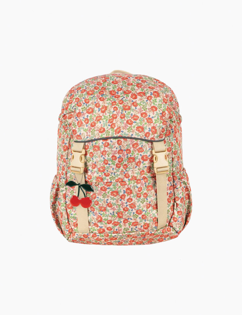 Floral patterned backpack with cherry design on a white background