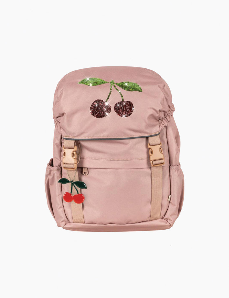 Pink backpack with cherry designs on a white background