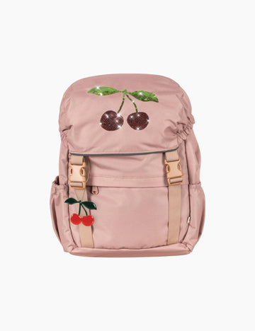 Pink backpack with cherry designs on a white background