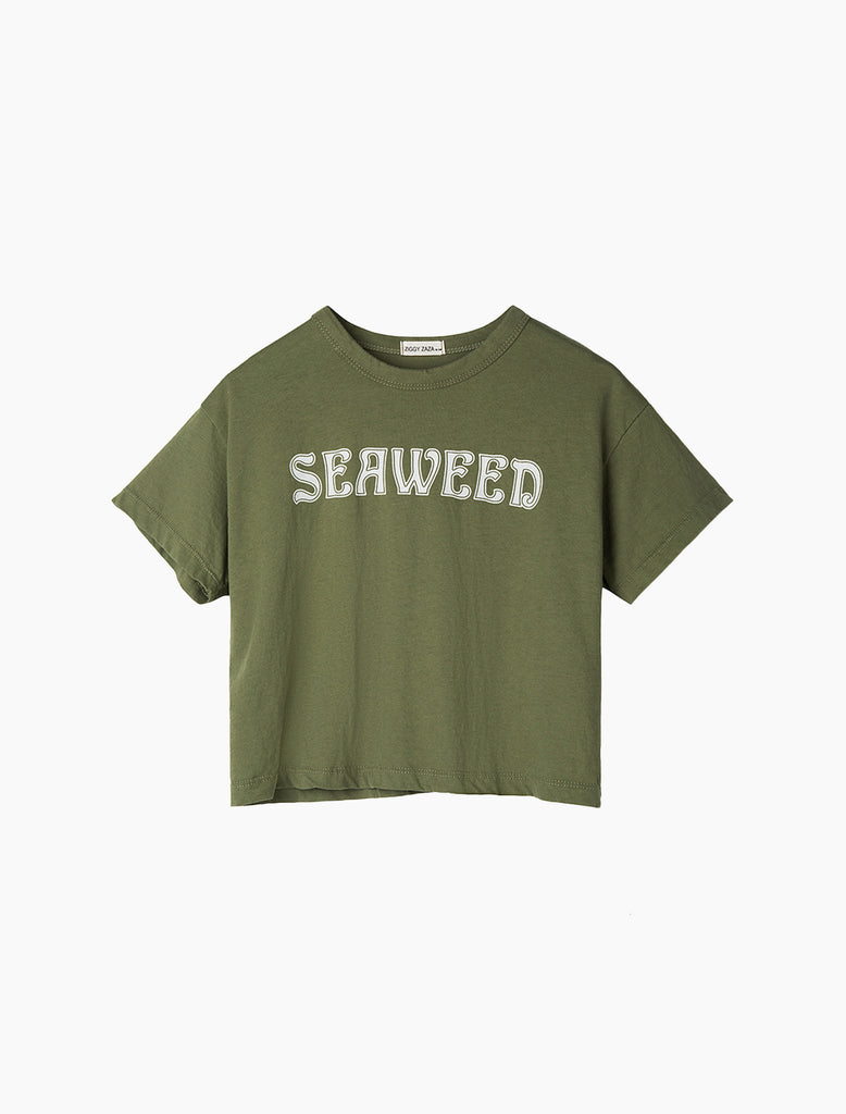 Green t-shirt with 'SEAWeed' text on a white background