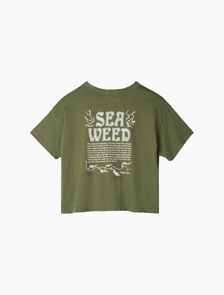 Green t-shirt with 'Sea Weed' text and graphics on a white background