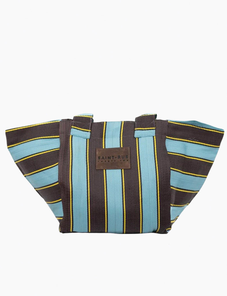 Striped bag with a visible brand label on a white background