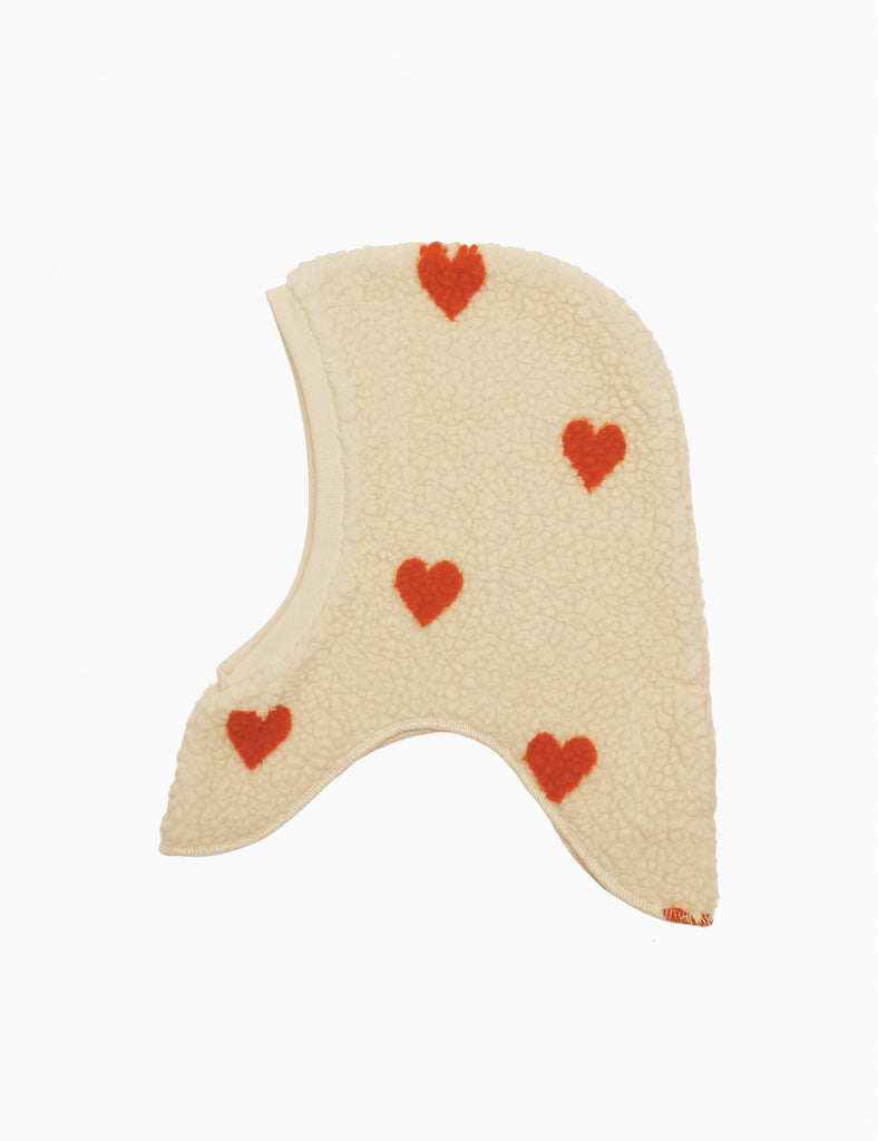 Cream Balaclava with red heart patterns on a white background