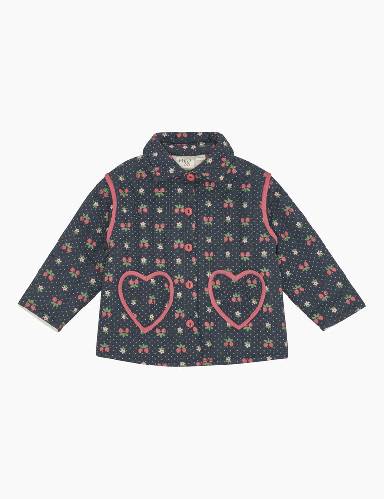 Image of a strawberry printed jacket on a white background.