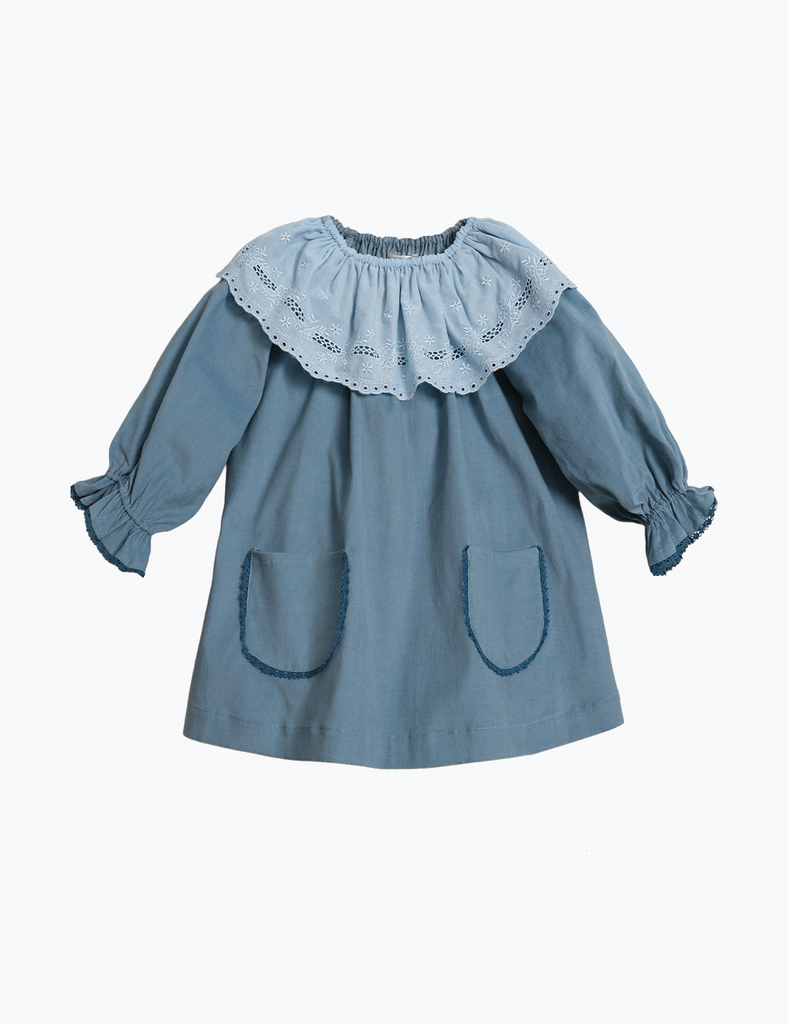 Blue dress with lace collar on a white background