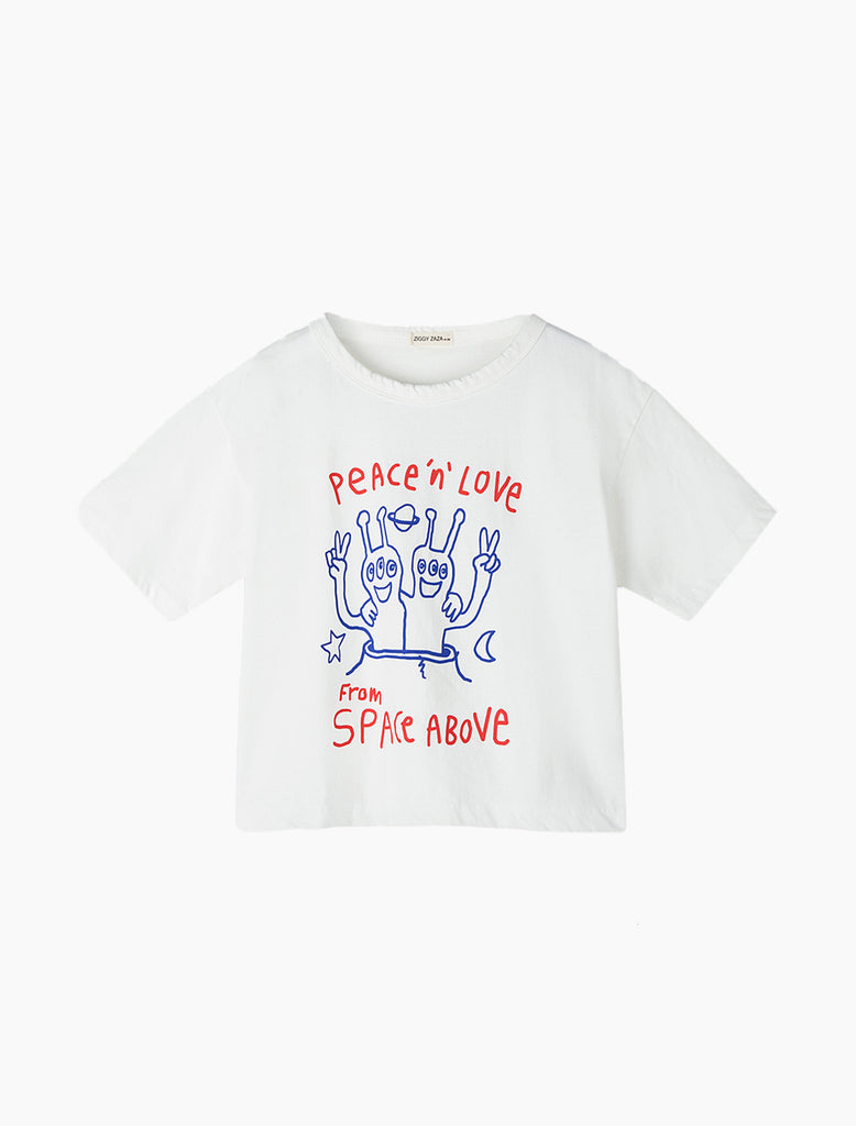 White t-shirt with colorful graphic and text on a white background